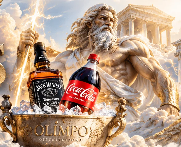 Zeus sosteniendo un balde dorado de Olimpo con whisky y bebida
