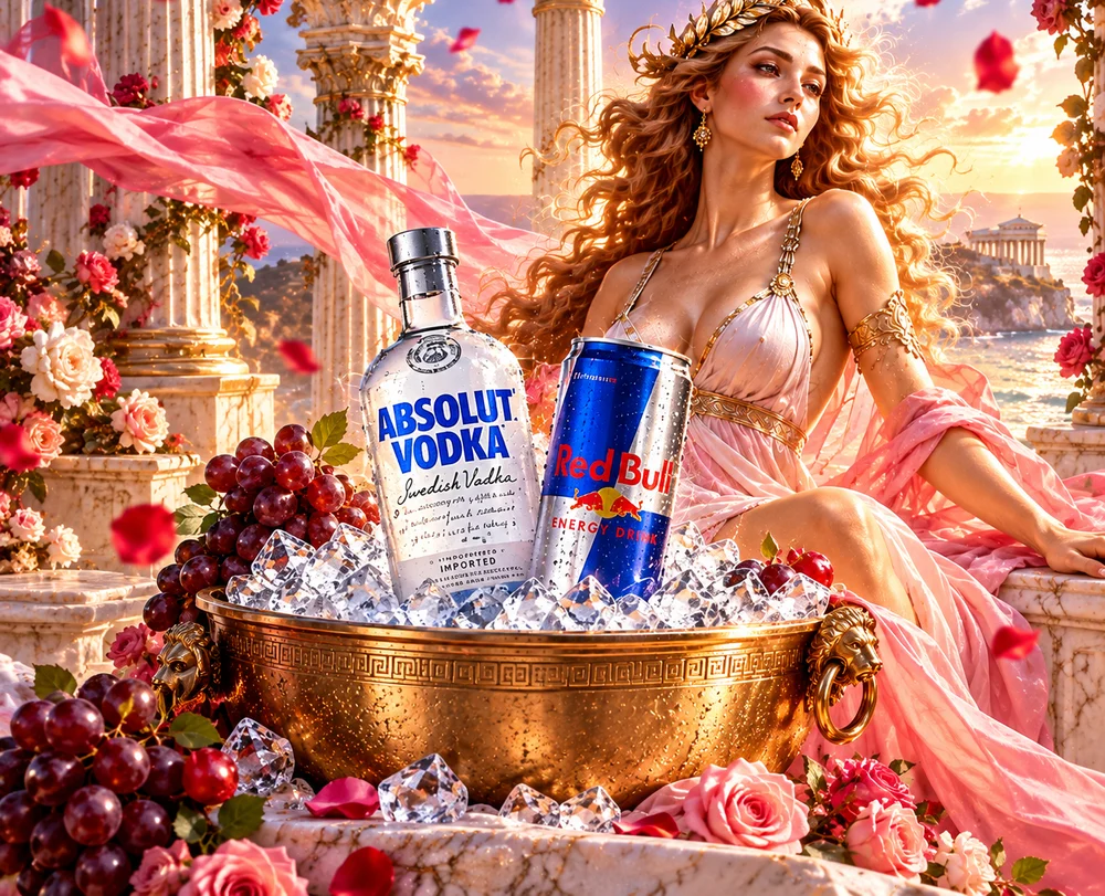 Afrodita en un templo griego con rosas y uvas, junto a un balde de bronce con vodka y bebida energética